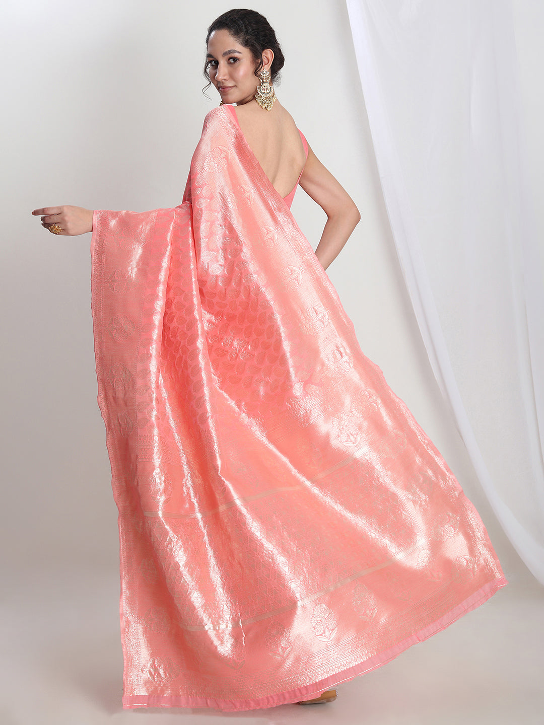 Janasya Peach Silk Blend Leaf Motifs Jacquard Grab2Buy 