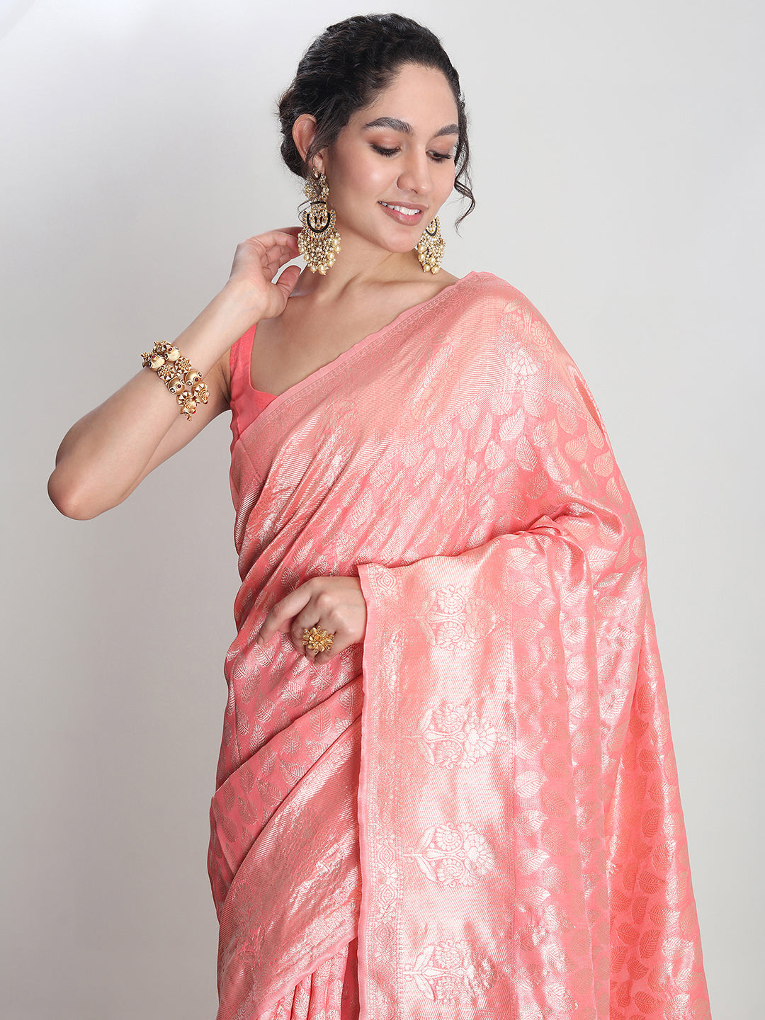 Janasya Peach Silk Blend Leaf Motifs Jacquard Grab2Buy 