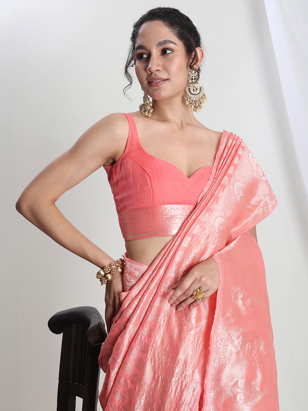 Janasya Peach Silk Blend Leaf Motifs Jacquard Grab2Buy 