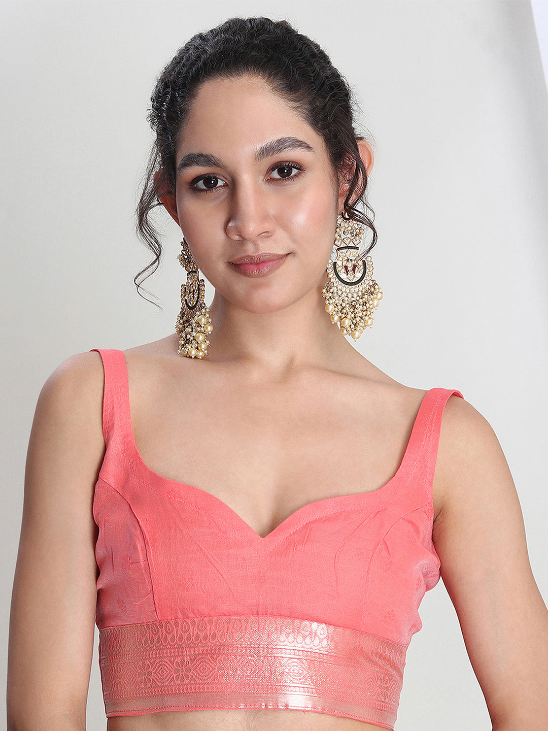 Janasya Peach Silk Blend Leaf Motifs Jacquard Grab2Buy 