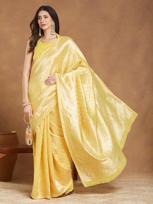 Janasya Yellow Silk Blend Leaf Motifs Jacquard Grab2Buy