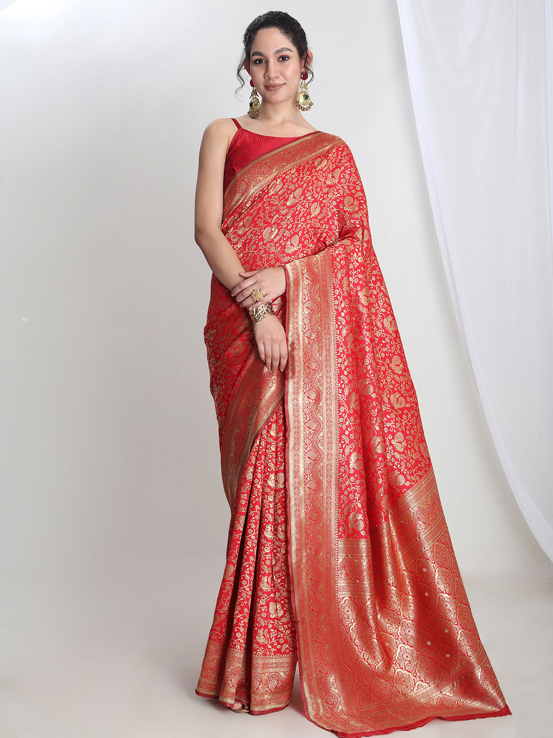 Janasya Red Silk Blend Floral Jacquard Grab2Buy 