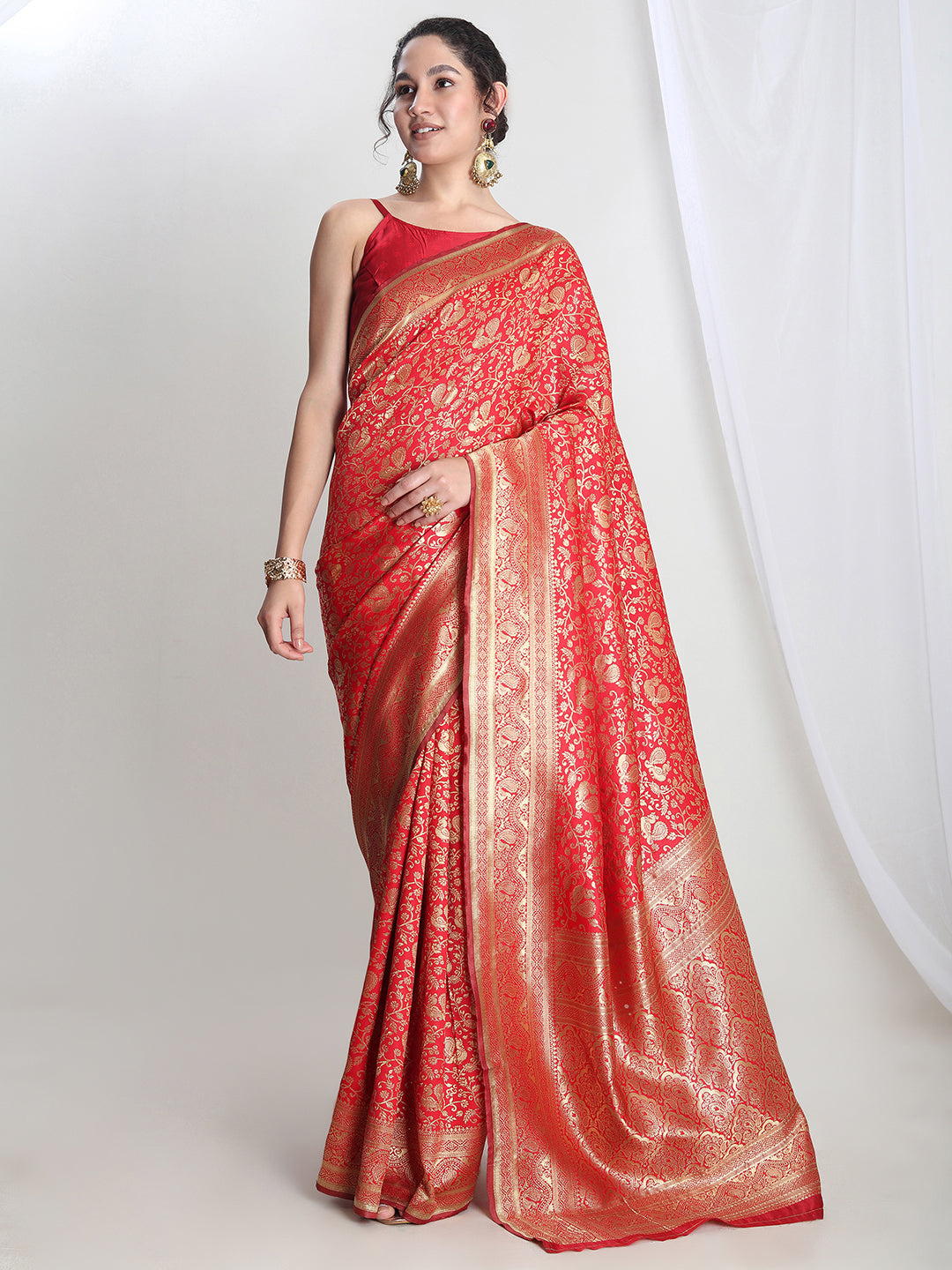 Janasya Red Silk Blend Floral Jacquard Grab2Buy 