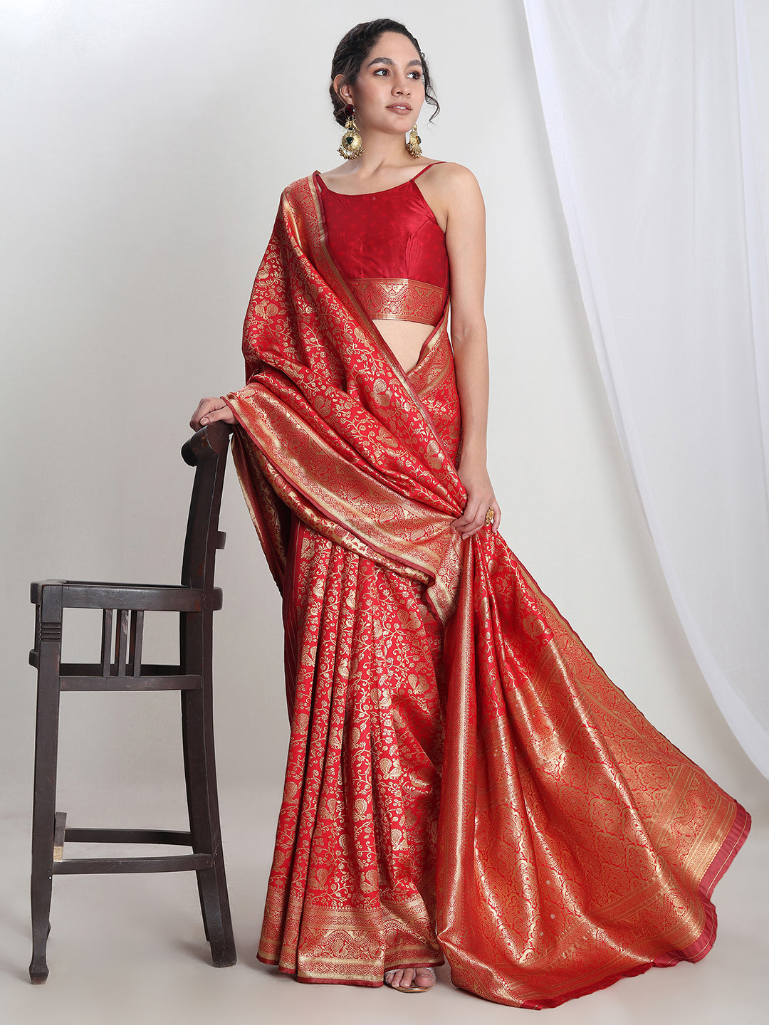 Janasya Red Silk Blend Floral Jacquard Grab2Buy 