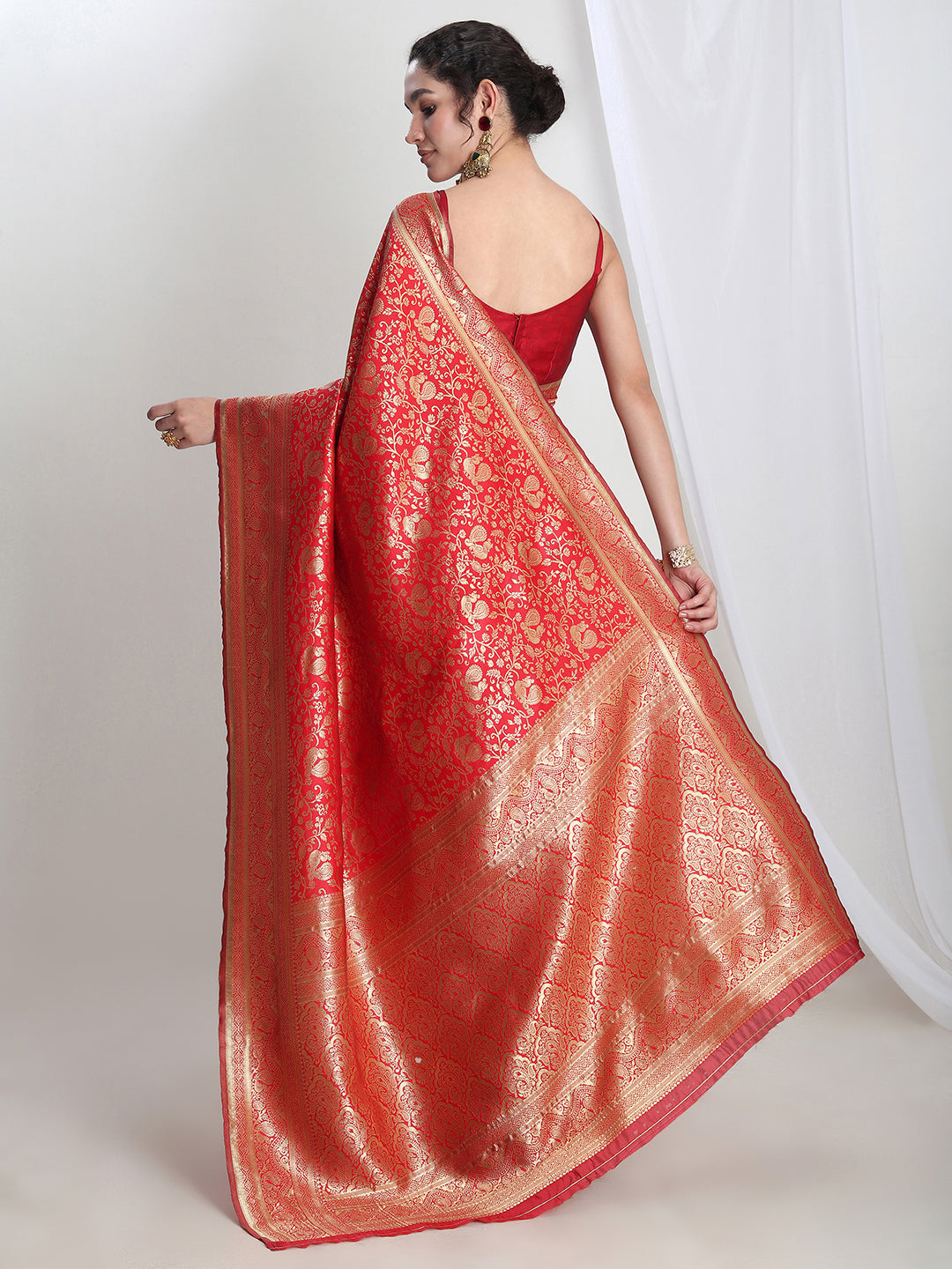 Janasya Red Silk Blend Floral Jacquard Grab2Buy 