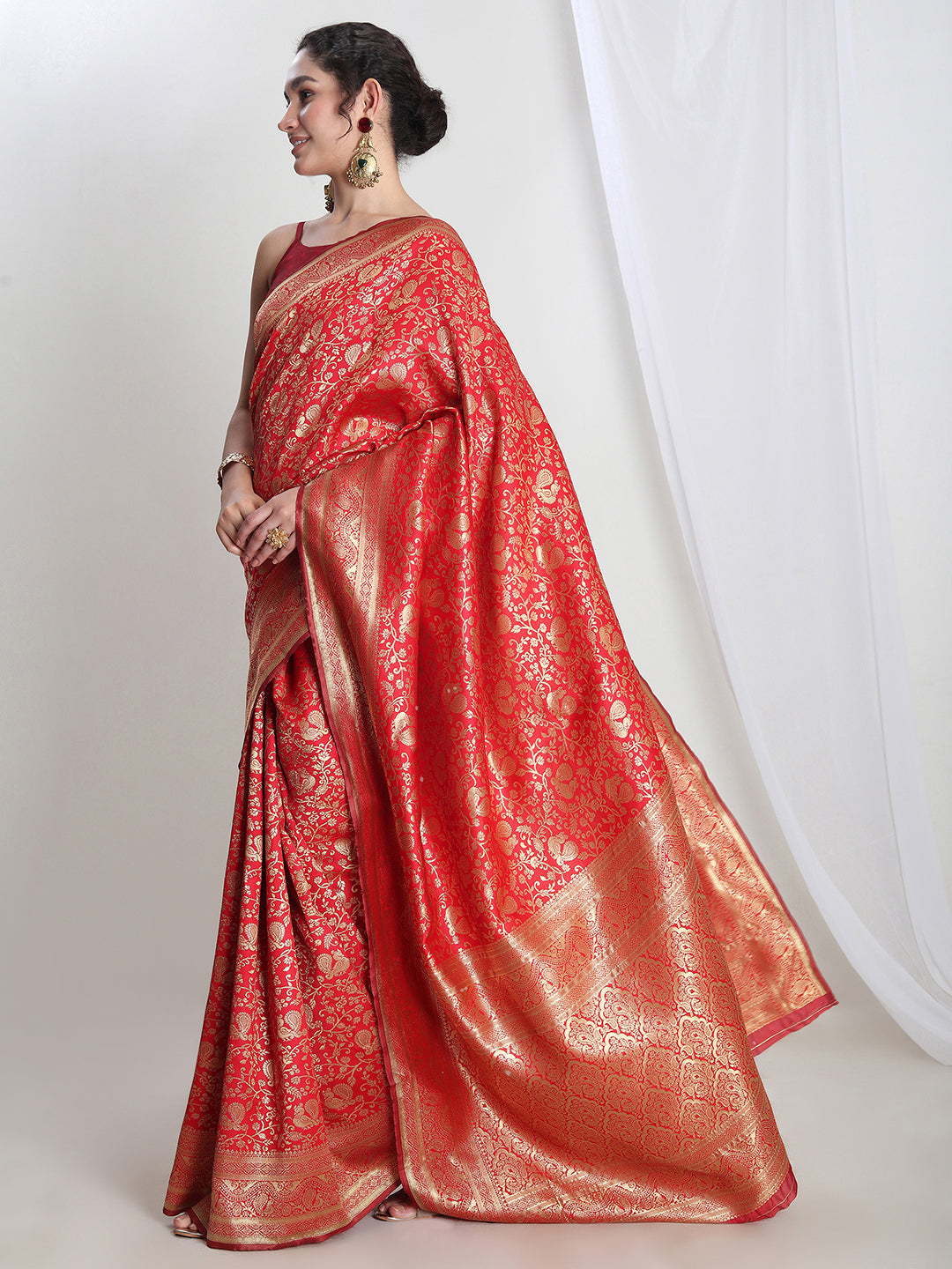 Janasya Red Silk Blend Floral Jacquard Grab2Buy 