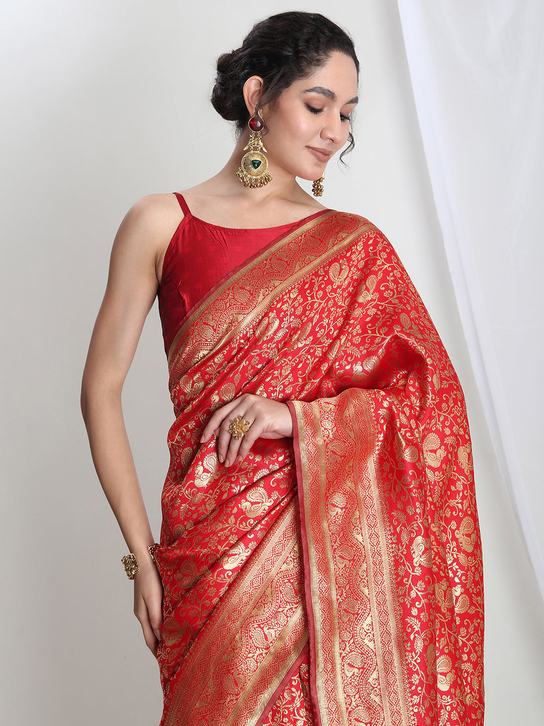 Janasya Red Silk Blend Floral Jacquard Grab2Buy 
