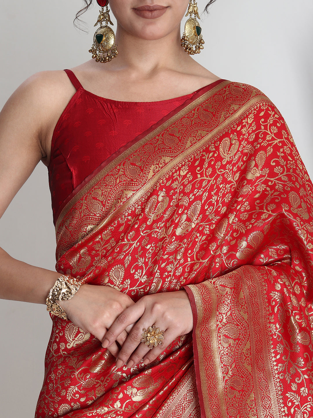 Janasya Red Silk Blend Floral Jacquard Grab2Buy 