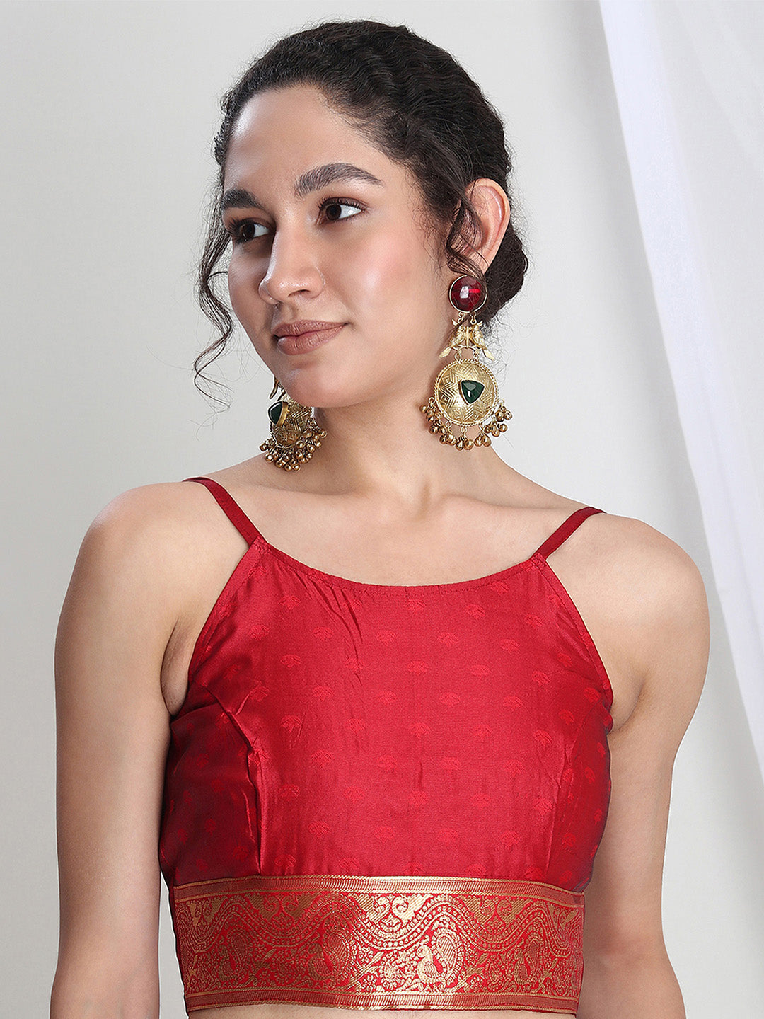 Janasya Red Silk Blend Floral Jacquard Grab2Buy 
