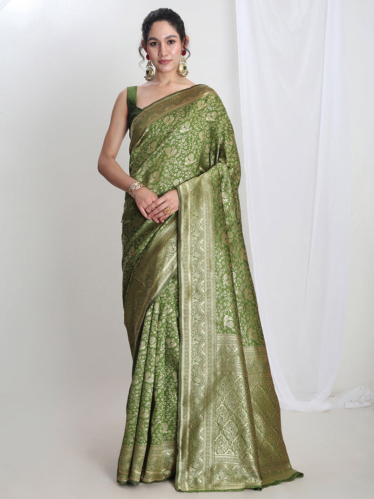 Janasya Green Silk Blend Floral Jacquard Grab2Buy 