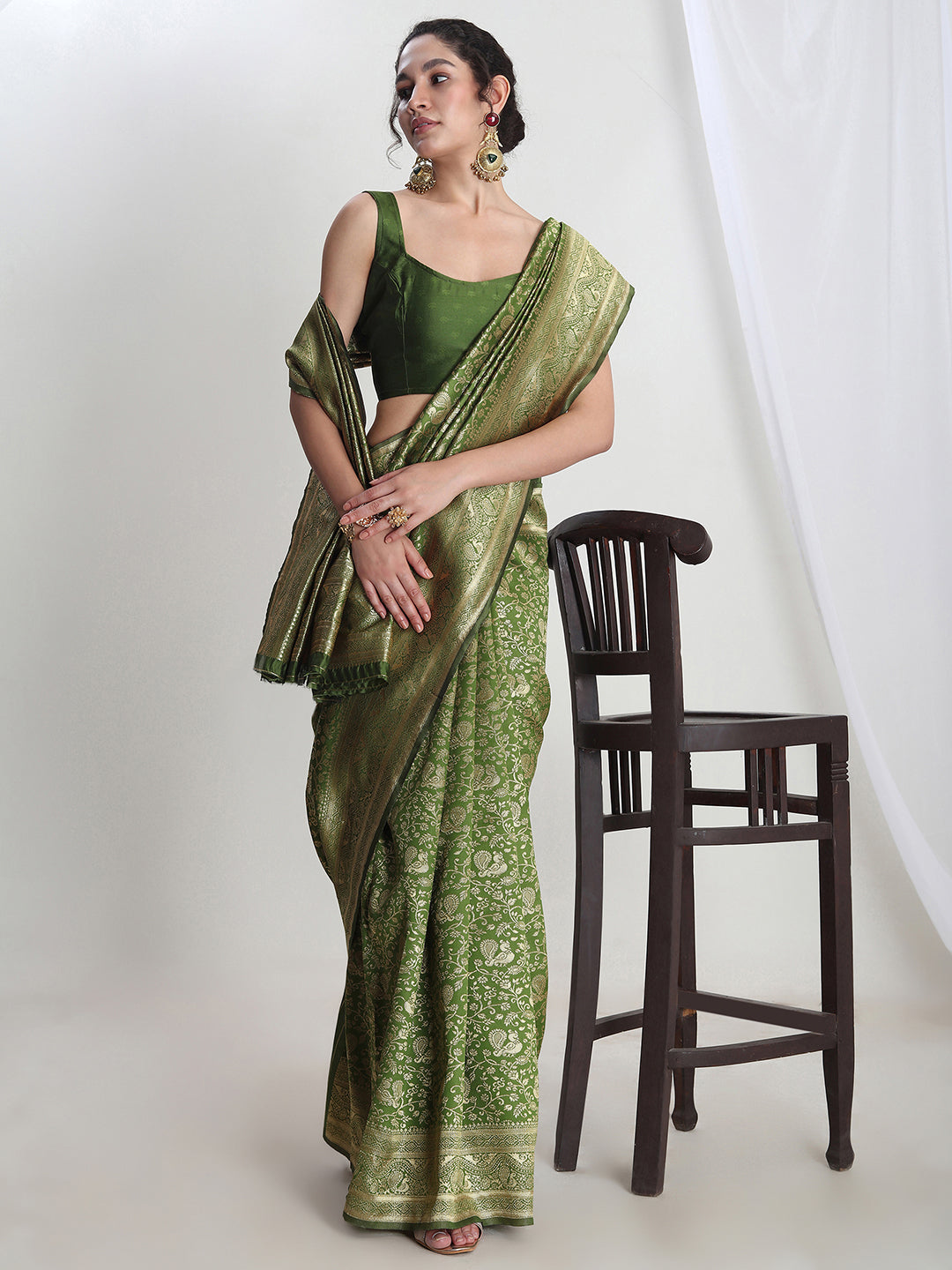 Janasya Green Silk Blend Floral Jacquard Grab2Buy 