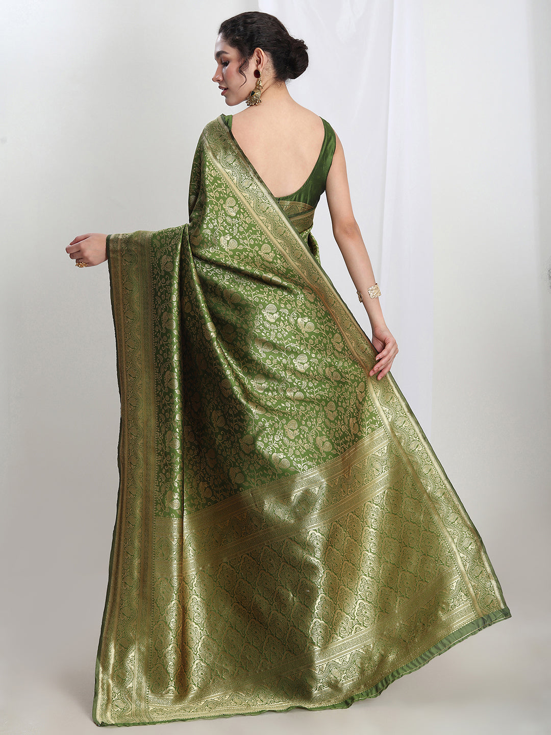 Janasya Green Silk Blend Floral Jacquard Grab2Buy 