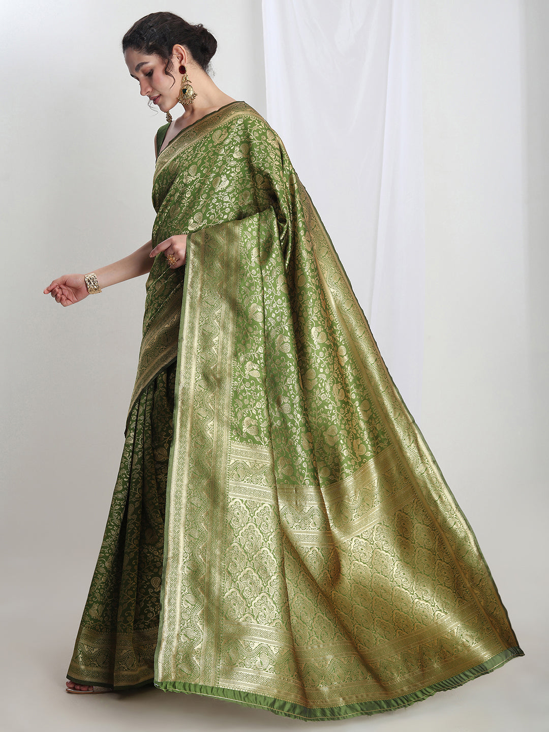 Janasya Green Silk Blend Floral Jacquard Grab2Buy 