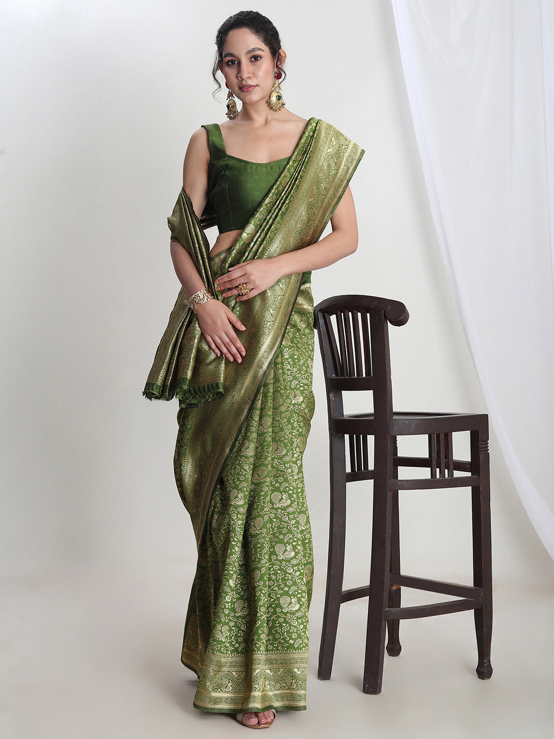 Janasya Green Silk Blend Floral Jacquard Grab2Buy 
