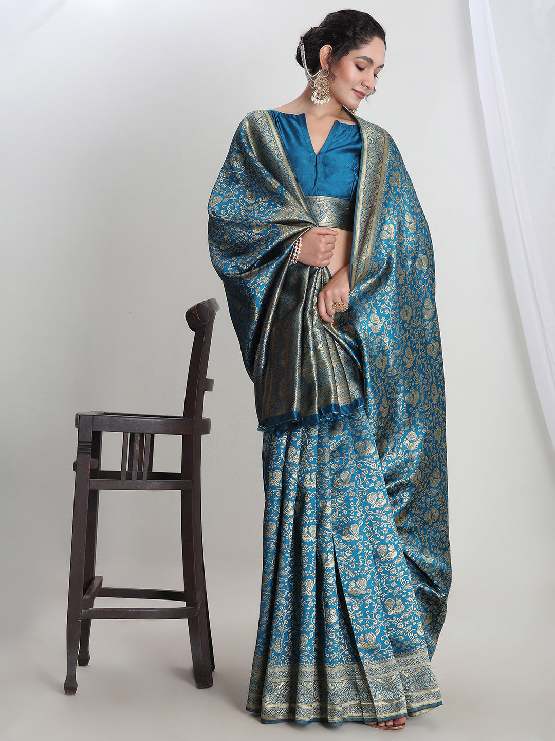 Janasya Teal Blue Silk Blend Floral Jacquard Grab2Buy 