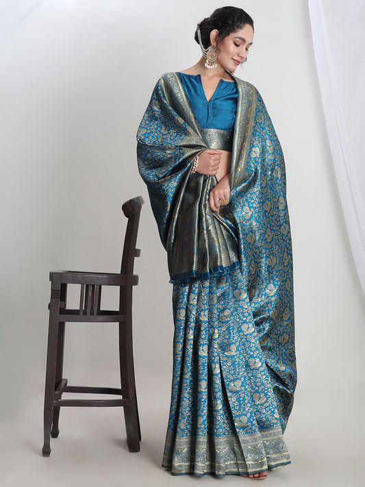 Janasya Teal Blue Silk Blend Floral Jacquard Grab2Buy 