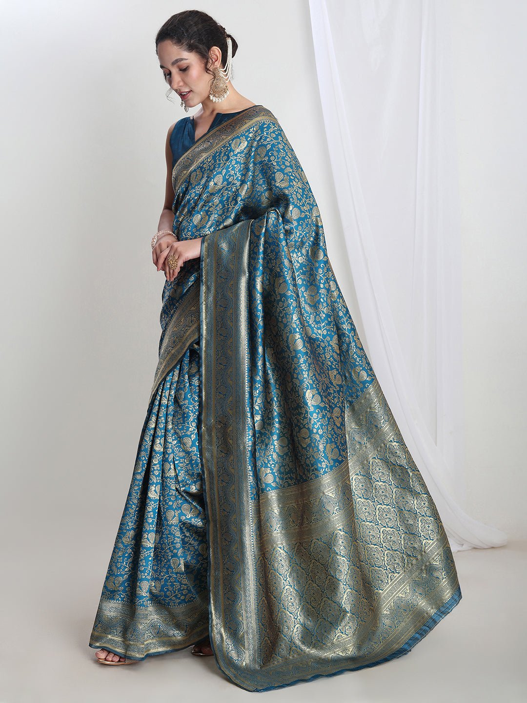 Janasya Teal Blue Silk Blend Floral Jacquard Grab2Buy 