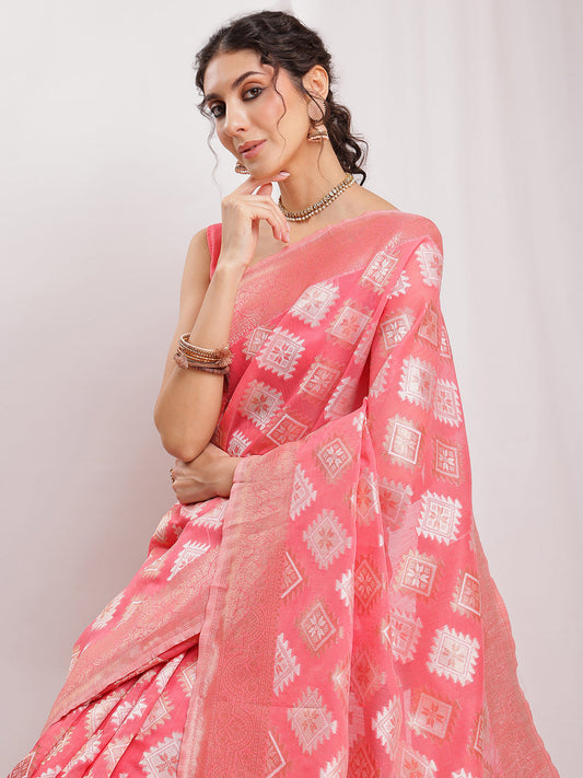 Janasya Navy Blue Silk Blend Geometric Jacquard Grab2Buy 