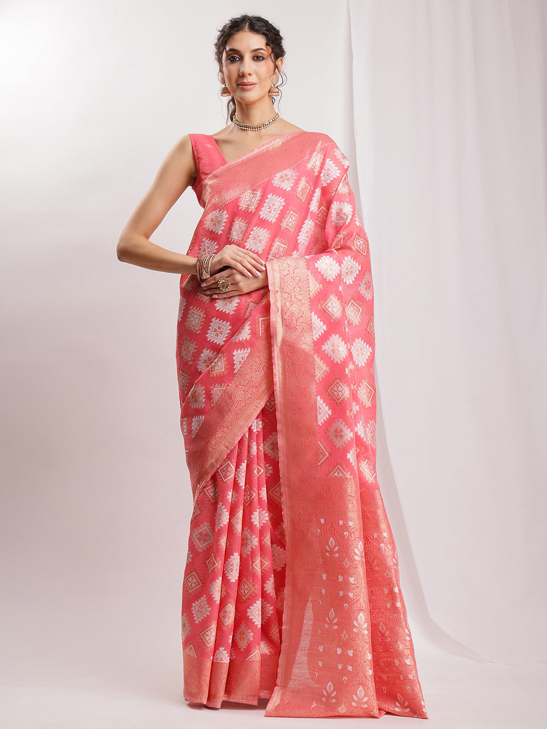 Janasya Navy Blue Silk Blend Geometric Jacquard Grab2Buy 