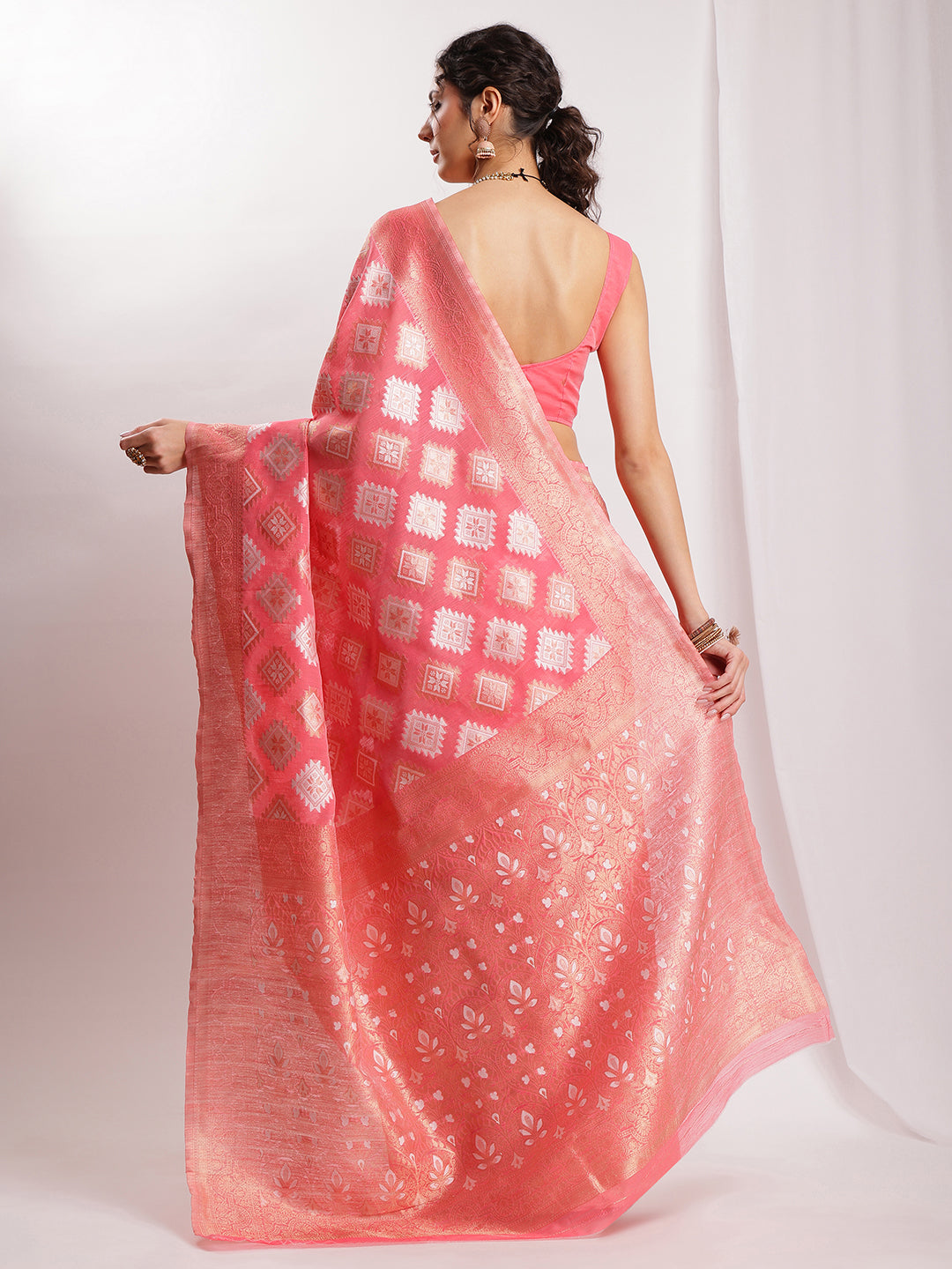 Janasya Navy Blue Silk Blend Geometric Jacquard Grab2Buy 