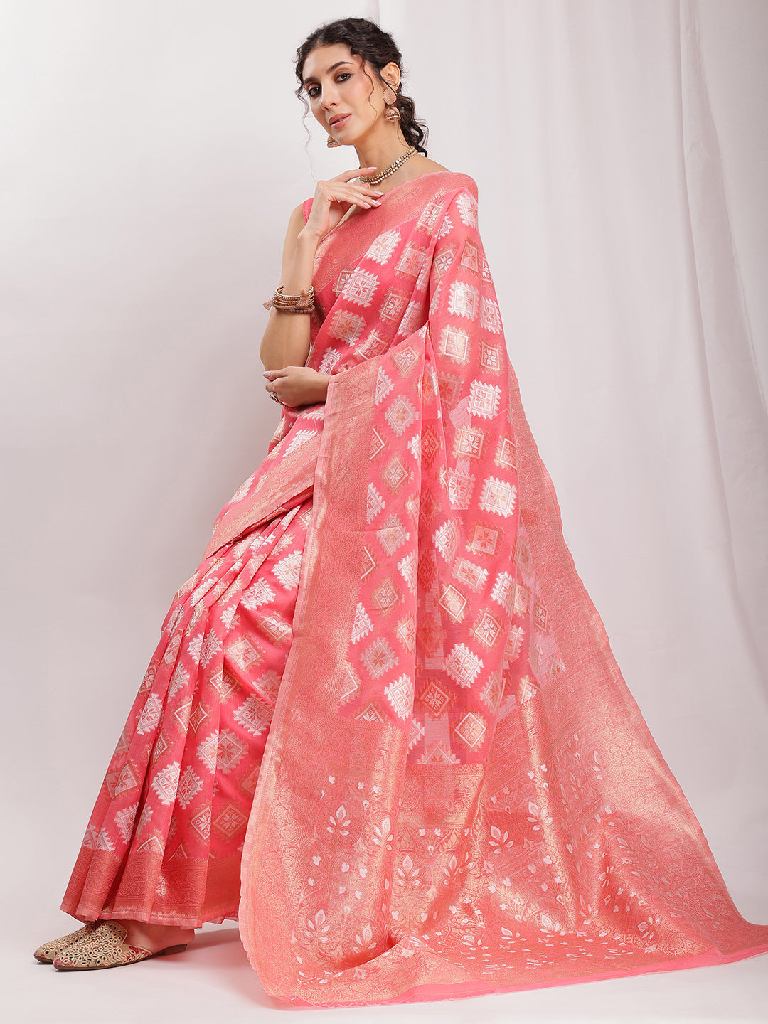 Janasya Navy Blue Silk Blend Geometric Jacquard Grab2Buy 