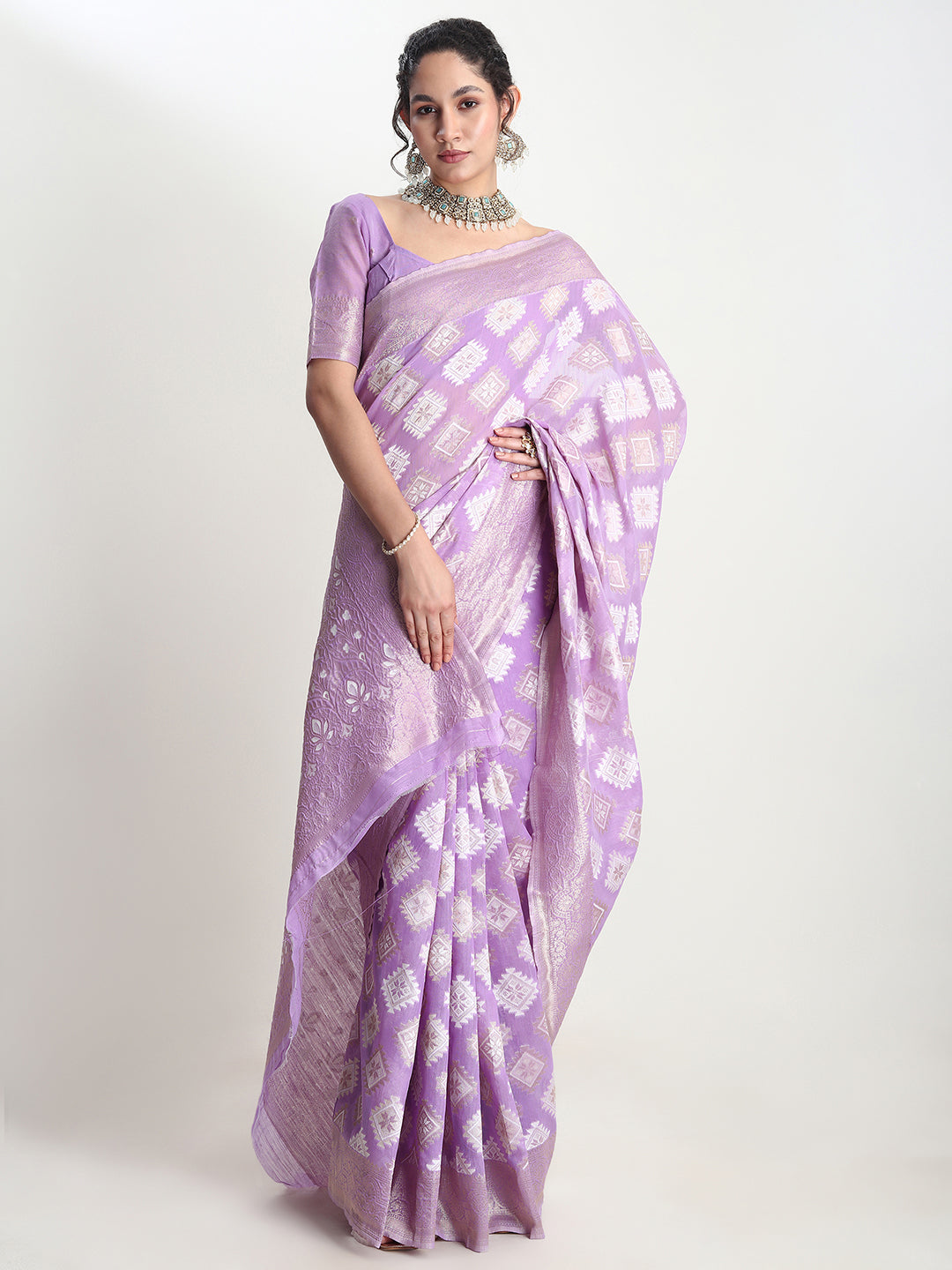 Janasya Lavender Silk Blend Geometric Jacquard Grab2Buy 