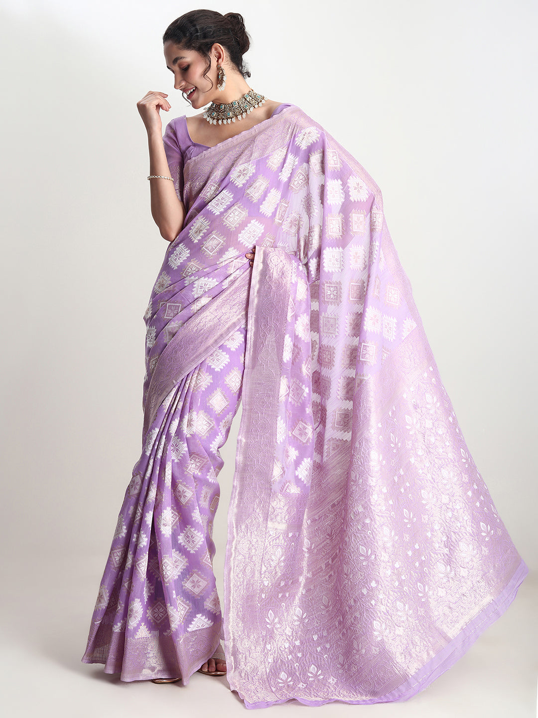 Janasya Lavender Silk Blend Geometric Jacquard Grab2Buy 