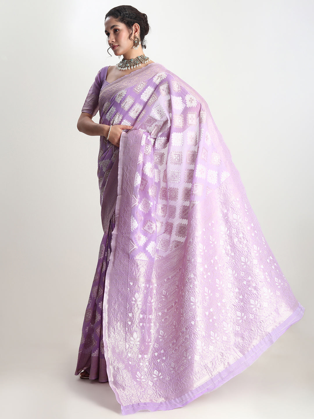 Janasya Lavender Silk Blend Geometric Jacquard Grab2Buy 