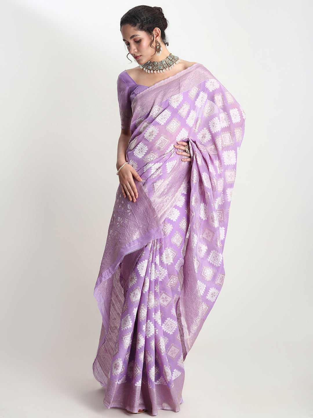Janasya Lavender Silk Blend Geometric Jacquard Grab2Buy 