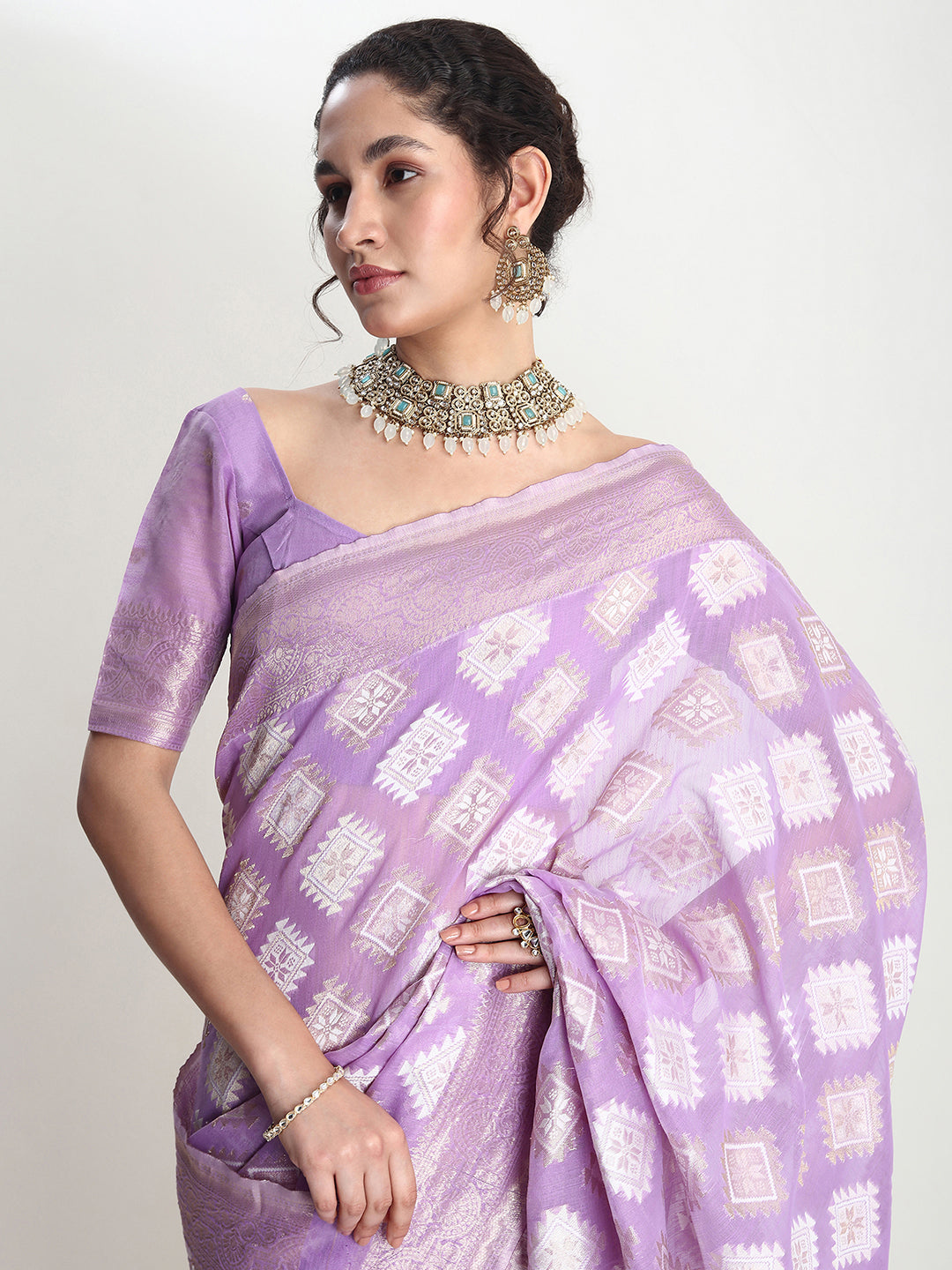 Janasya Lavender Silk Blend Geometric Jacquard Grab2Buy 