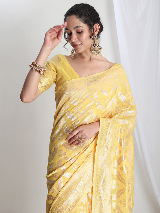 Janasya Yellow Silk Blend Floral Jacquard Grab2Buy 