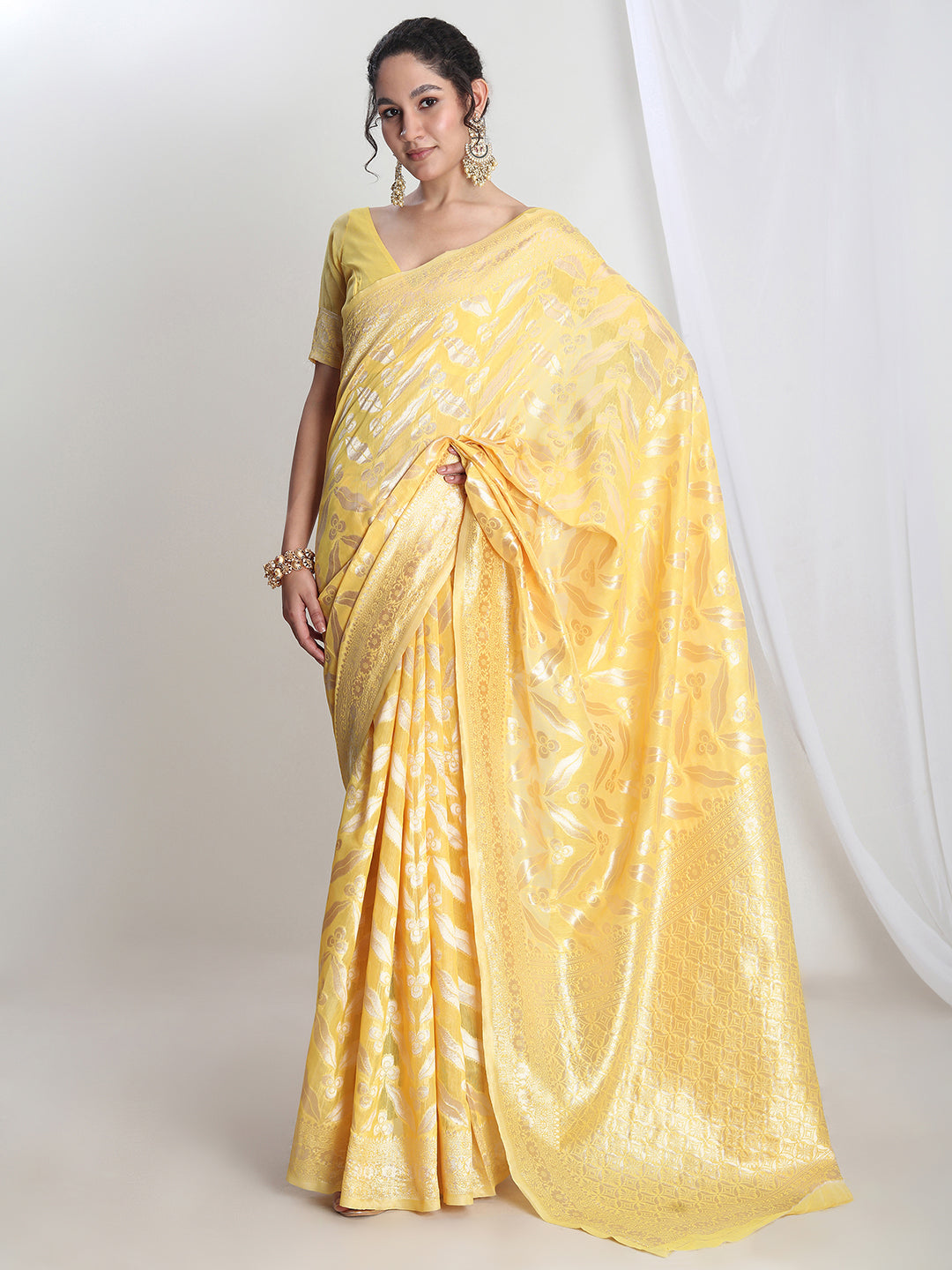 Janasya Yellow Silk Blend Floral Jacquard Grab2Buy 