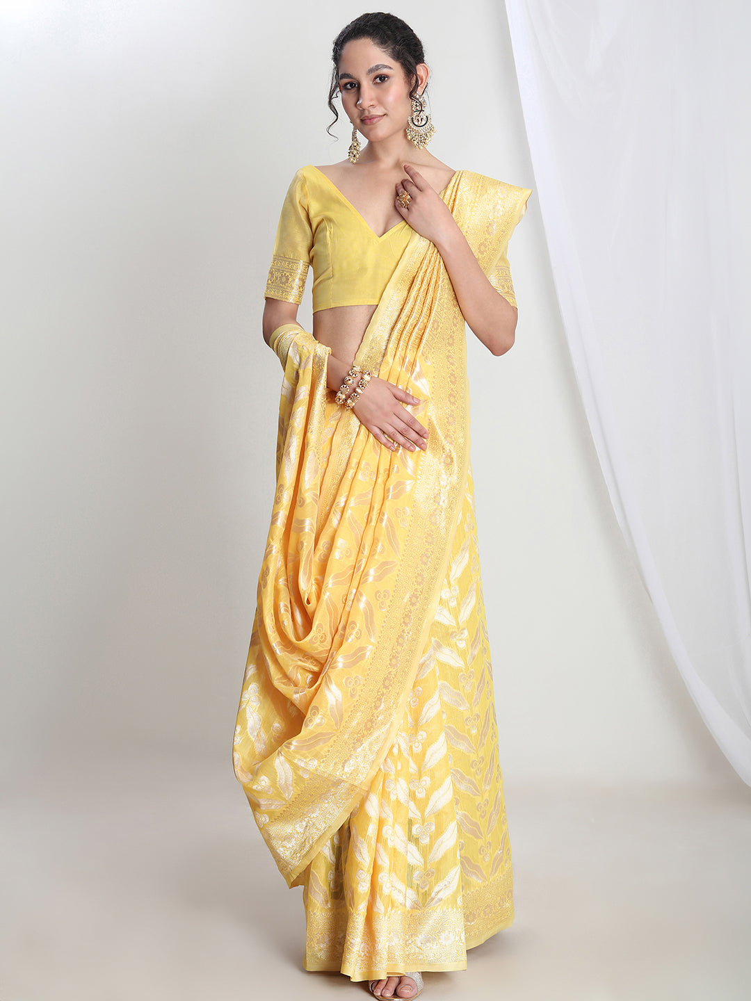 Janasya Yellow Silk Blend Floral Jacquard Grab2Buy 