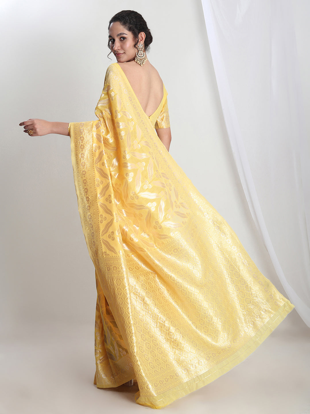 Janasya Yellow Silk Blend Floral Jacquard Grab2Buy 