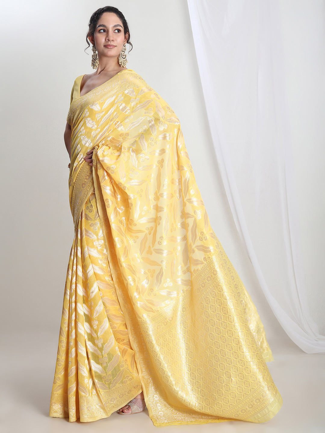 Janasya Yellow Silk Blend Floral Jacquard Grab2Buy 