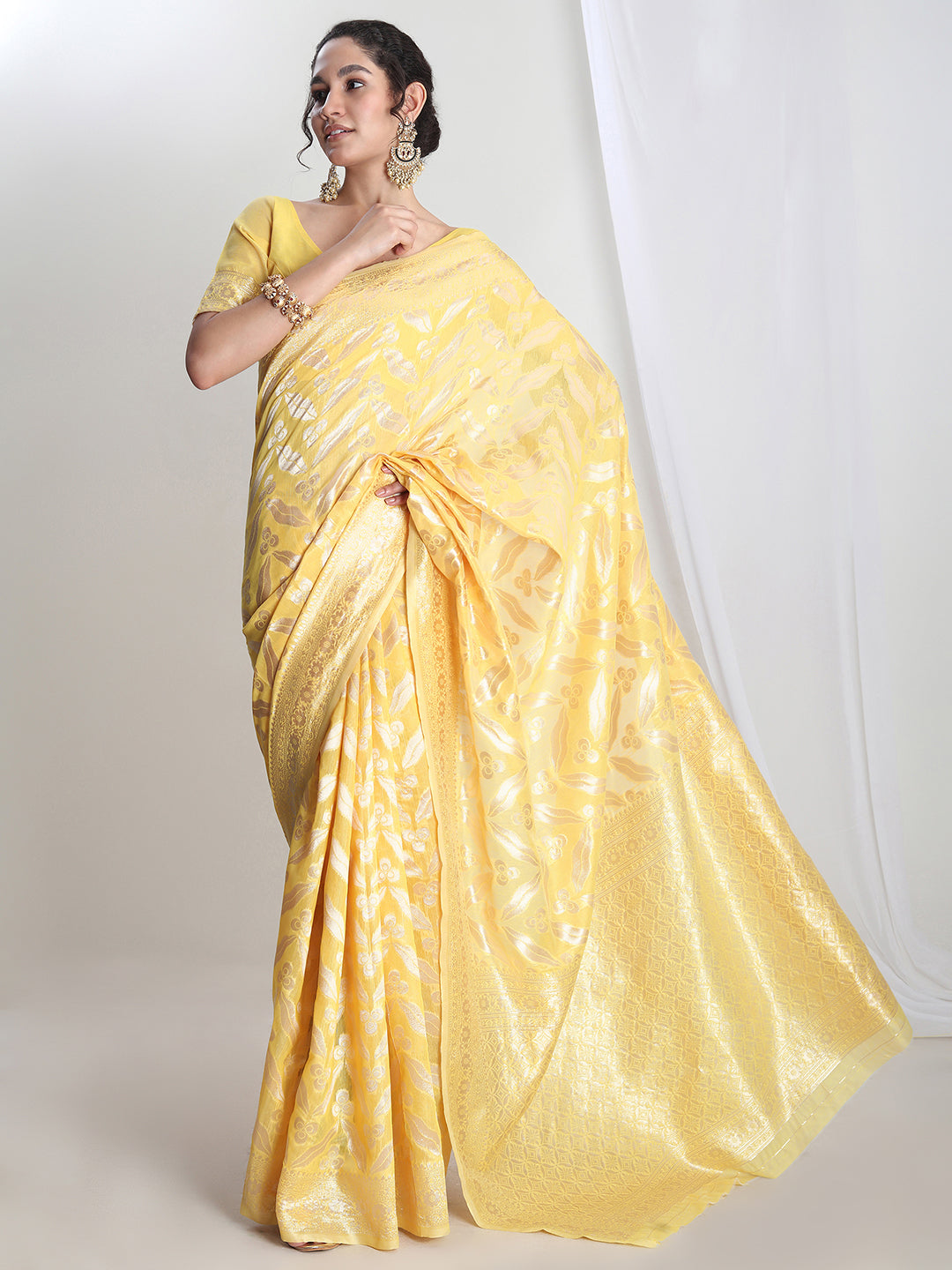 Janasya Yellow Silk Blend Floral Jacquard Grab2Buy 