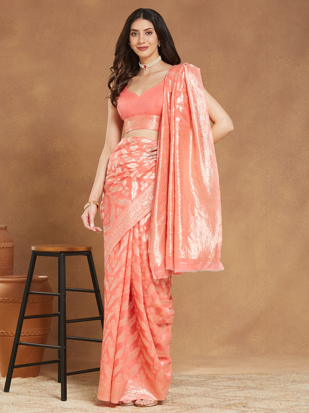 Janasya Peach Silk Blend Floral Jacquard Grab2Buy 