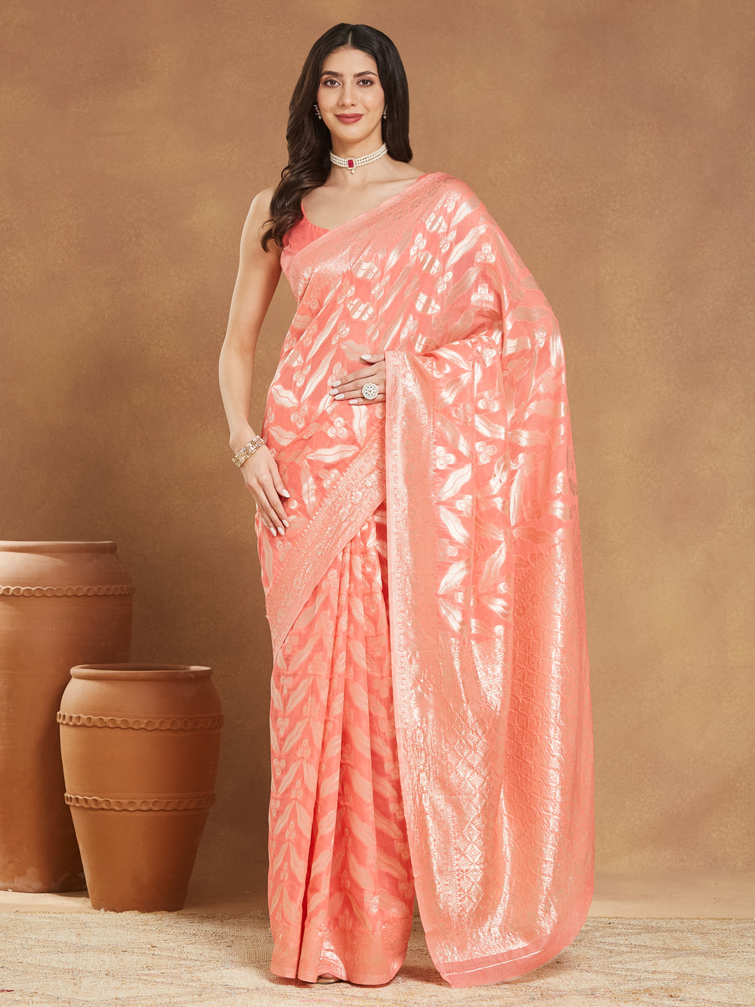 Janasya Peach Silk Blend Floral Jacquard Grab2Buy 