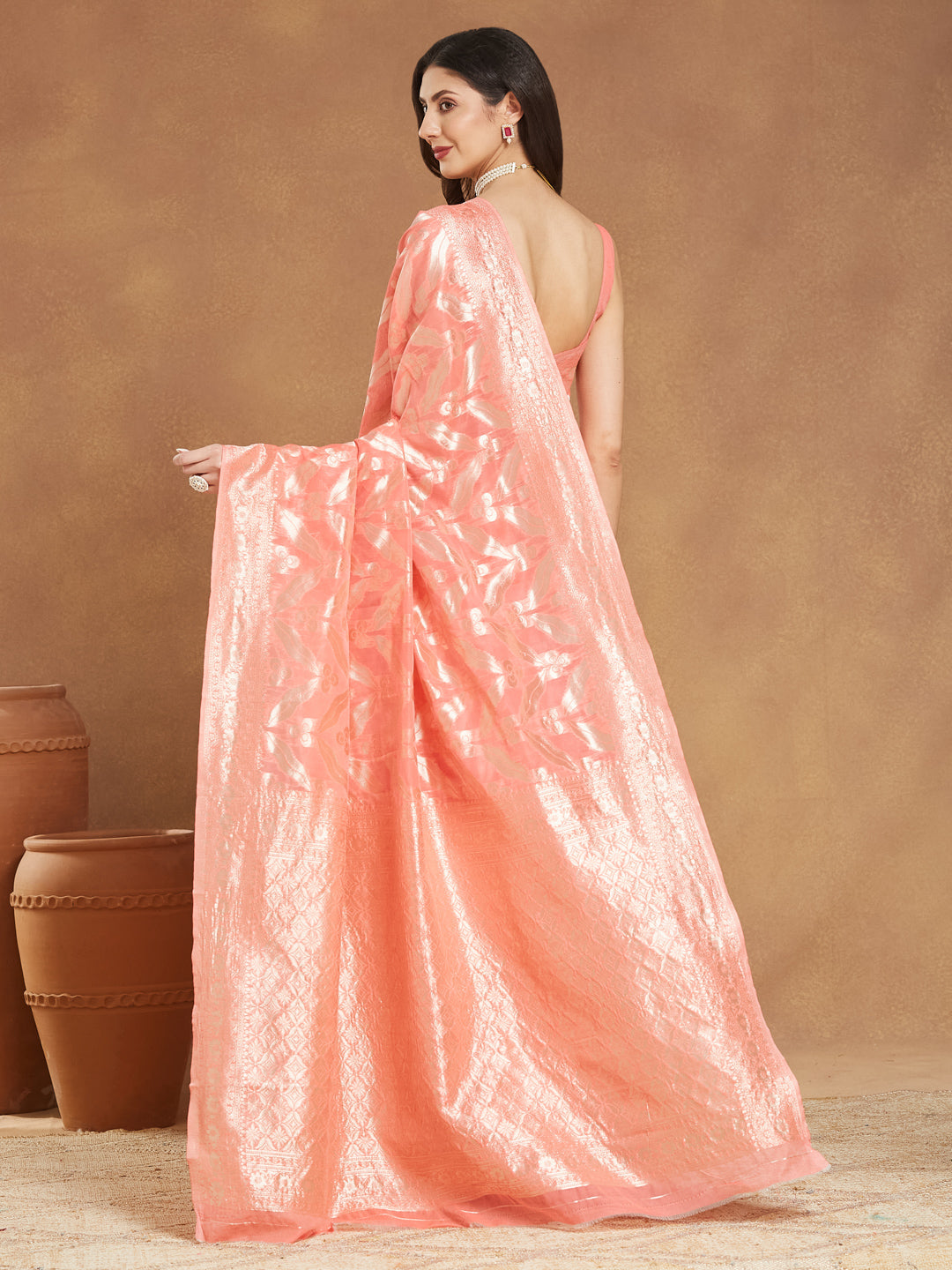 Janasya Peach Silk Blend Floral Jacquard Grab2Buy 