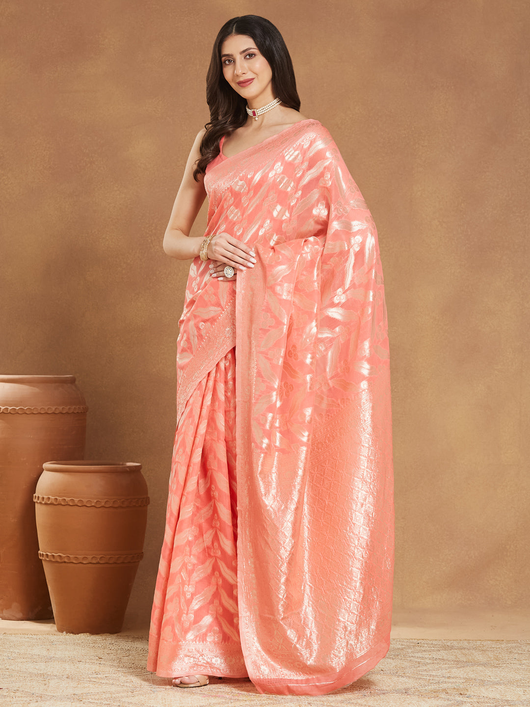 Janasya Peach Silk Blend Floral Jacquard Grab2Buy 