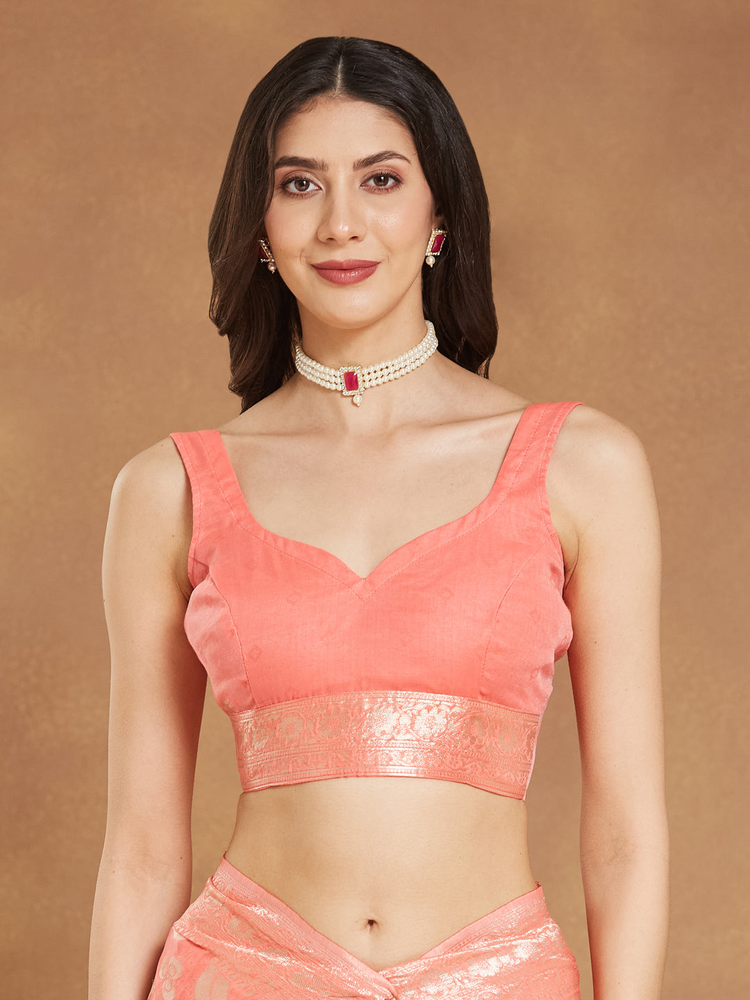 Janasya Peach Silk Blend Floral Jacquard Grab2Buy 