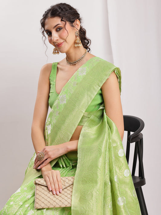Janasya Green Silk Blend Geometric Jacquard Grab2Buy 