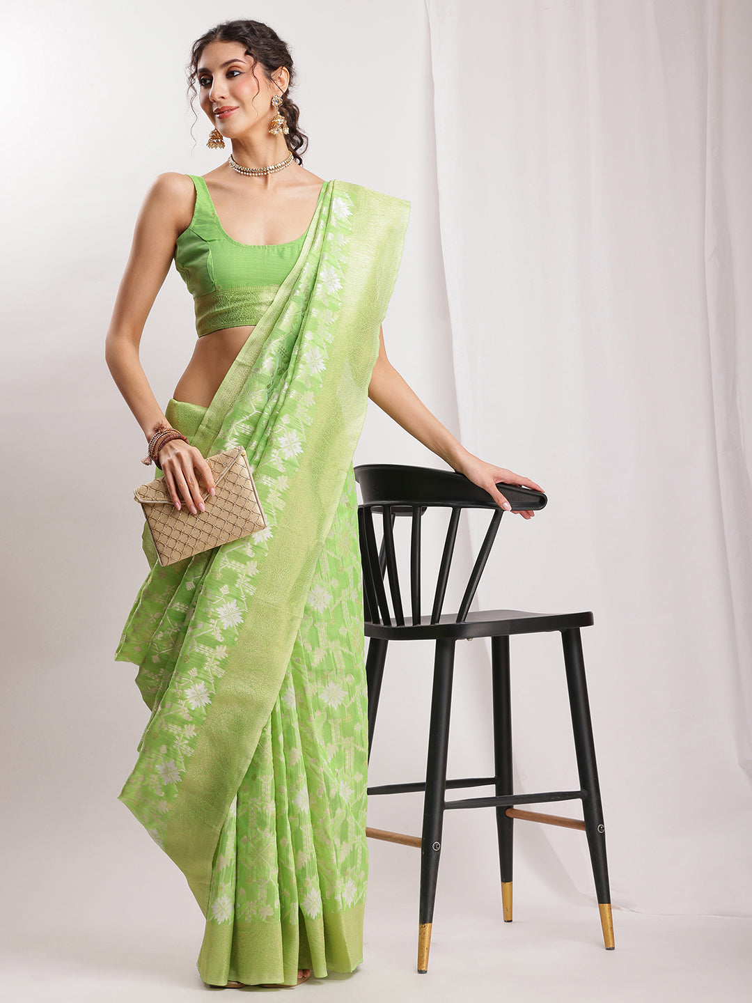 Janasya Green Silk Blend Geometric Jacquard Grab2Buy 