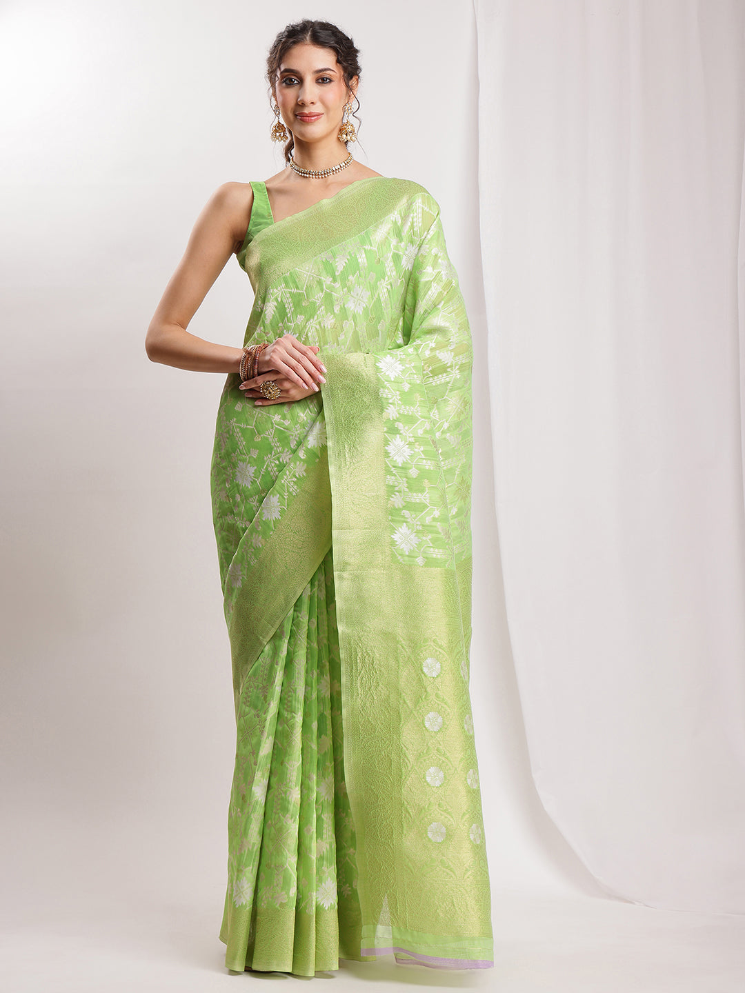 Janasya Green Silk Blend Geometric Jacquard Grab2Buy 
