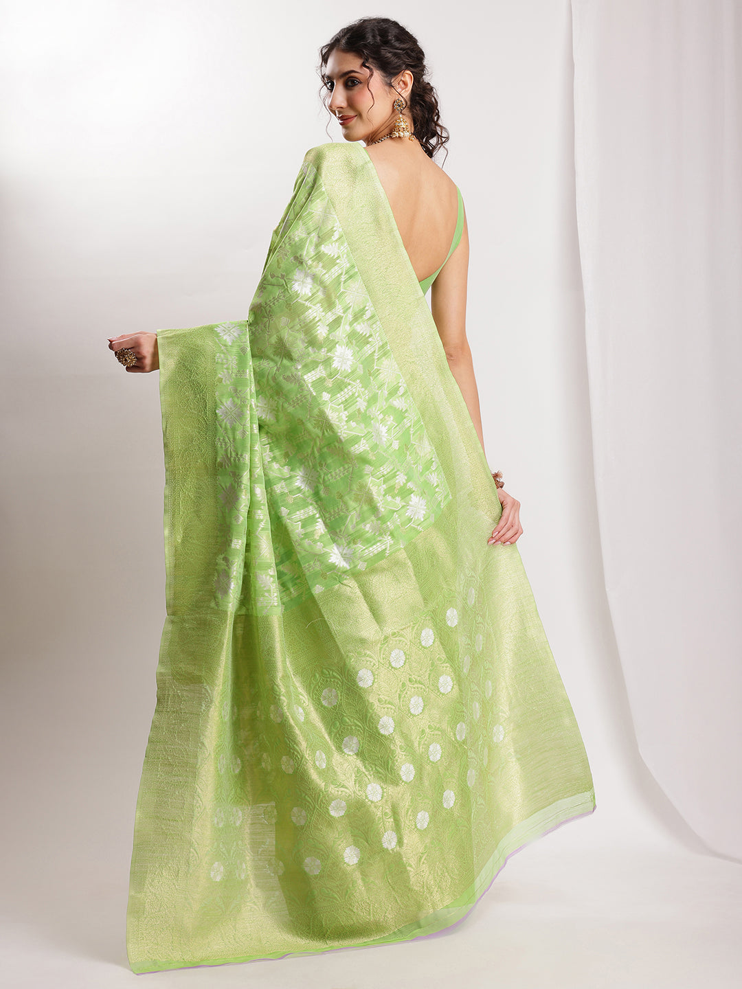 Janasya Green Silk Blend Geometric Jacquard Grab2Buy 