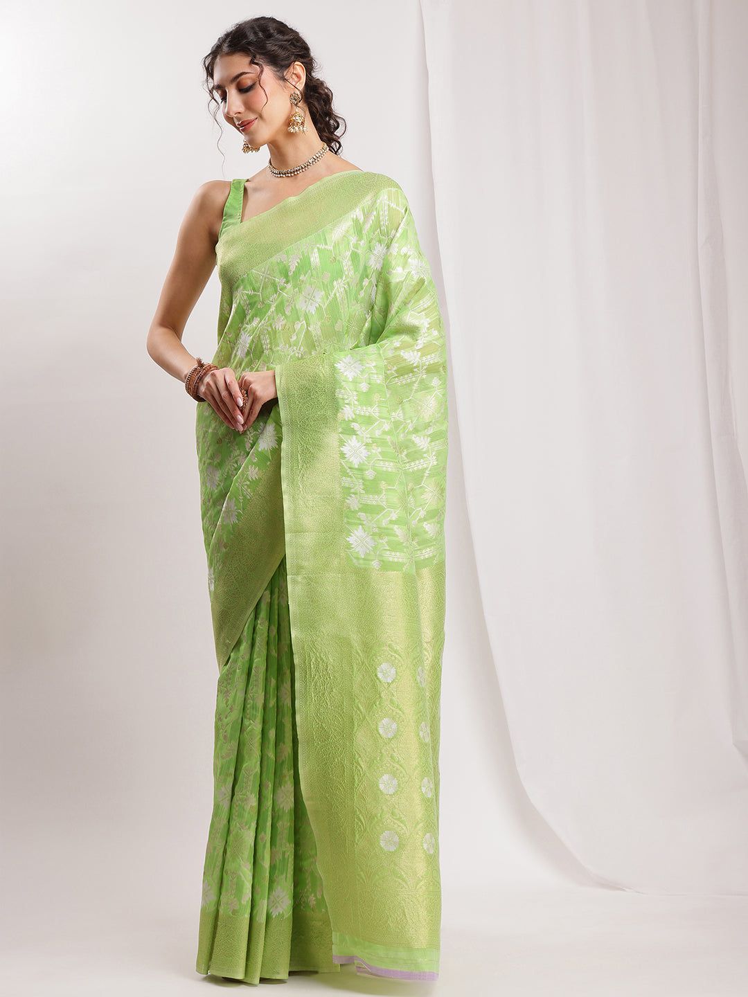 Janasya Green Silk Blend Geometric Jacquard Grab2Buy 