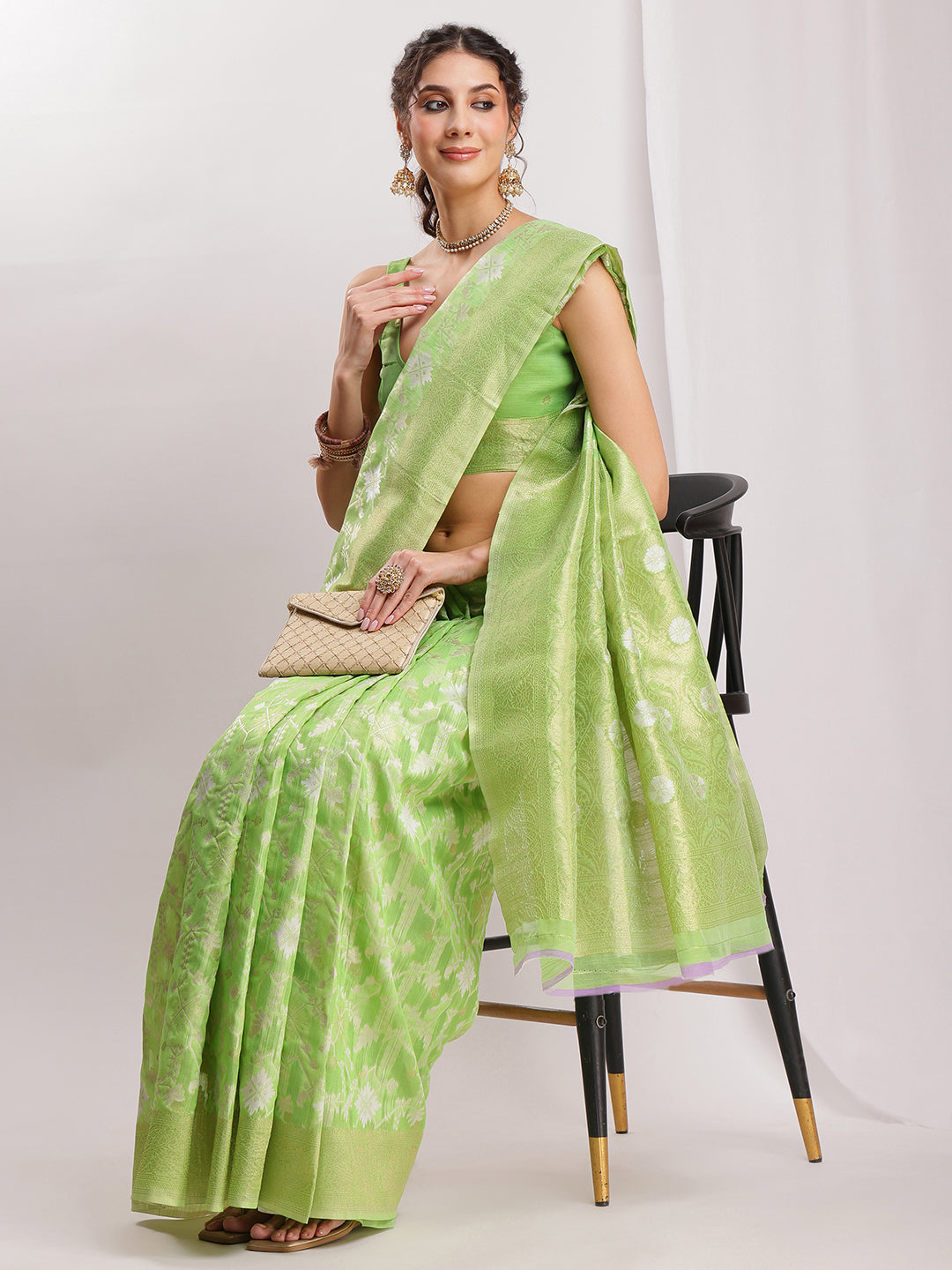 Janasya Green Silk Blend Geometric Jacquard Grab2Buy 