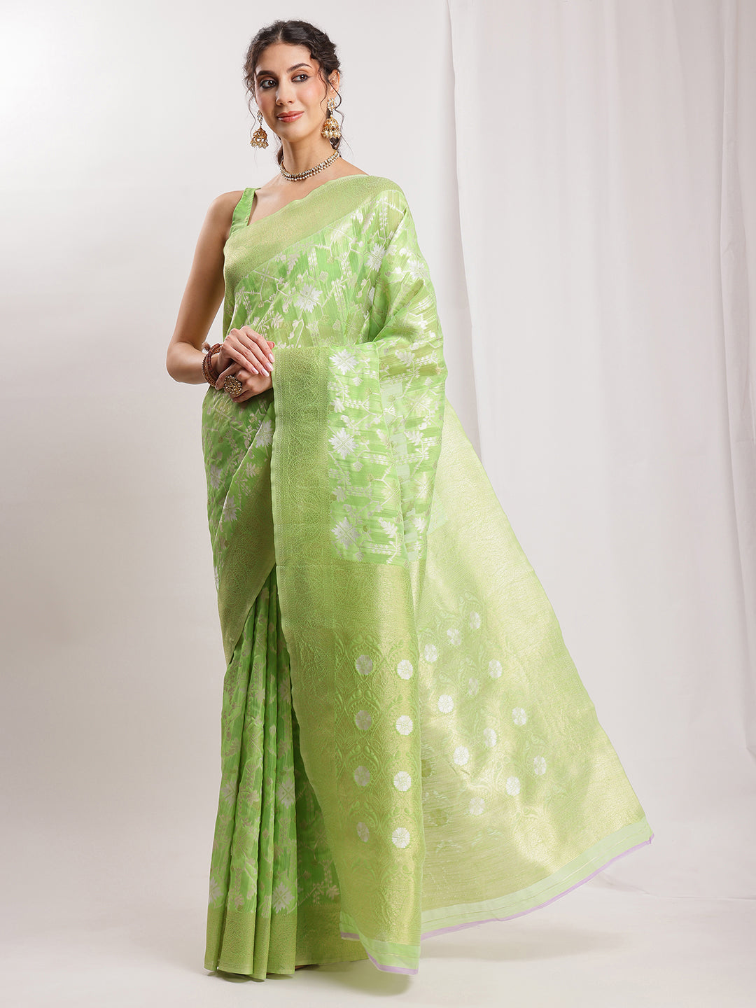 Janasya Green Silk Blend Geometric Jacquard Grab2Buy 