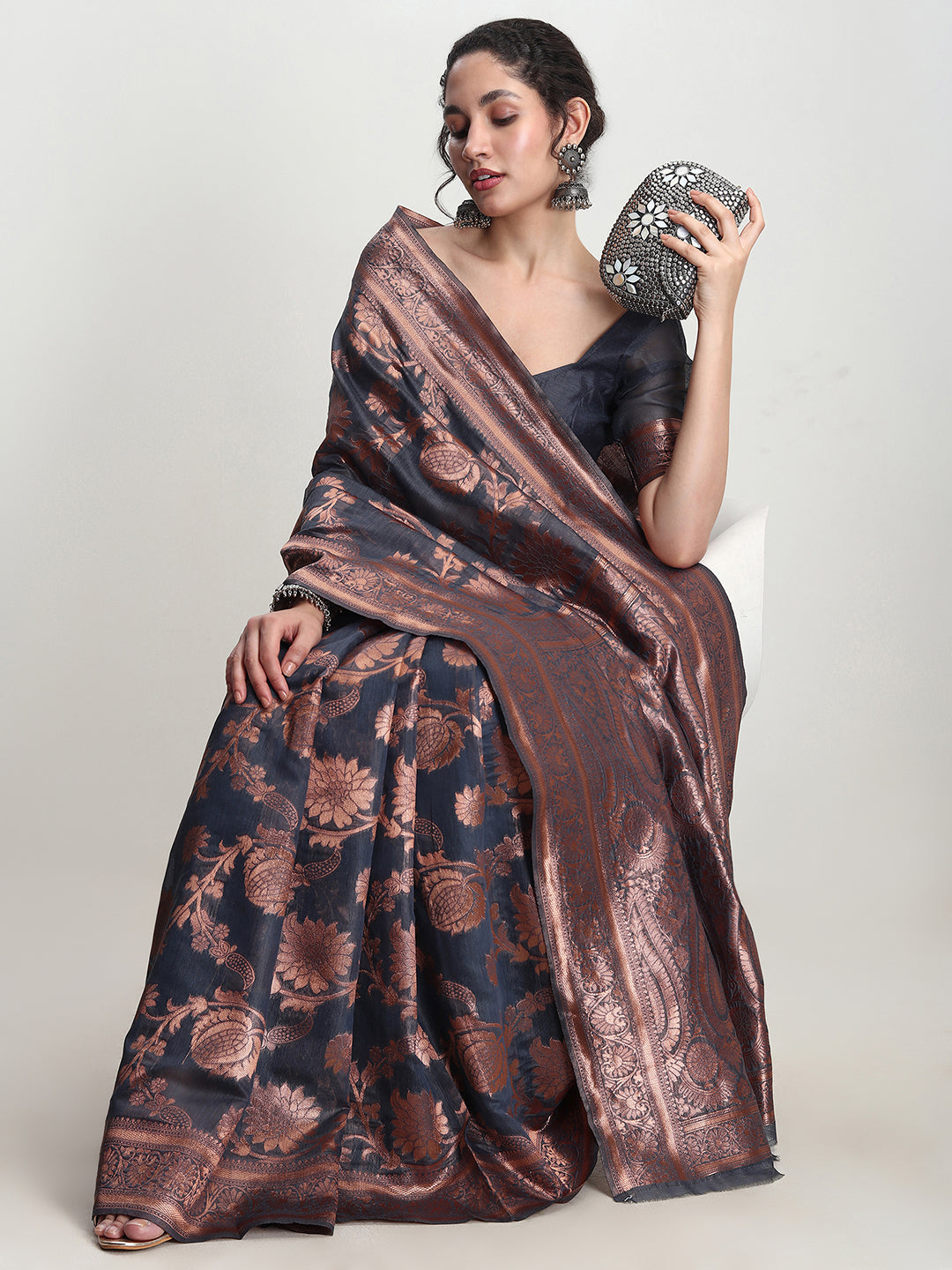Janasya Dark Grey Silk Blend Floral Jacquard Grab2Buy 