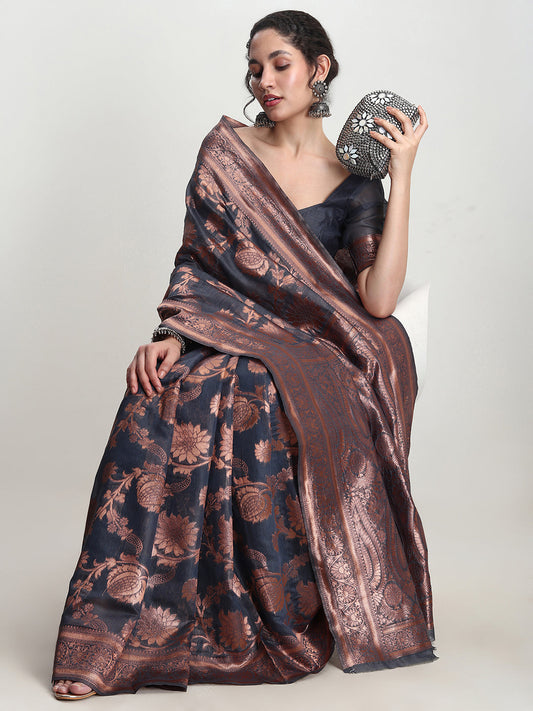 Janasya Dark Grey Silk Blend Floral Jacquard Grab2Buy 